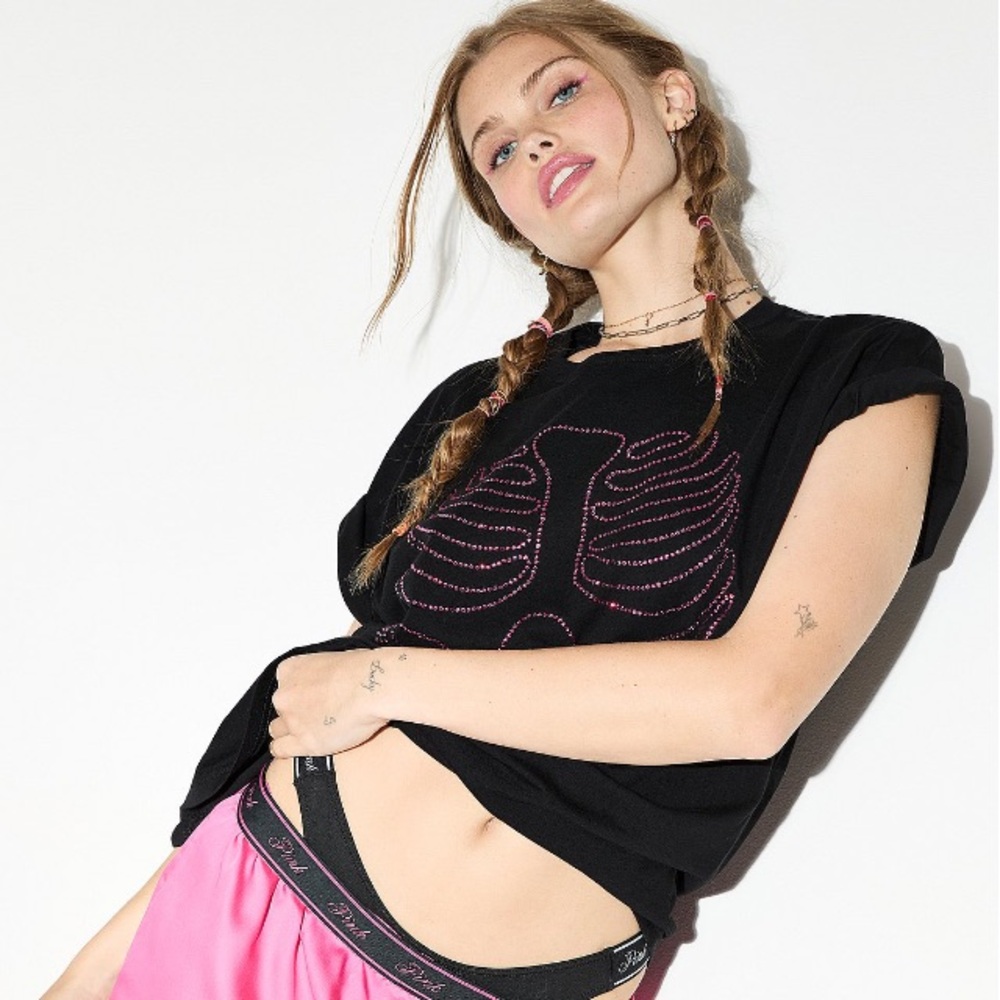 Black T-Shirt with Pink Skeleton Design